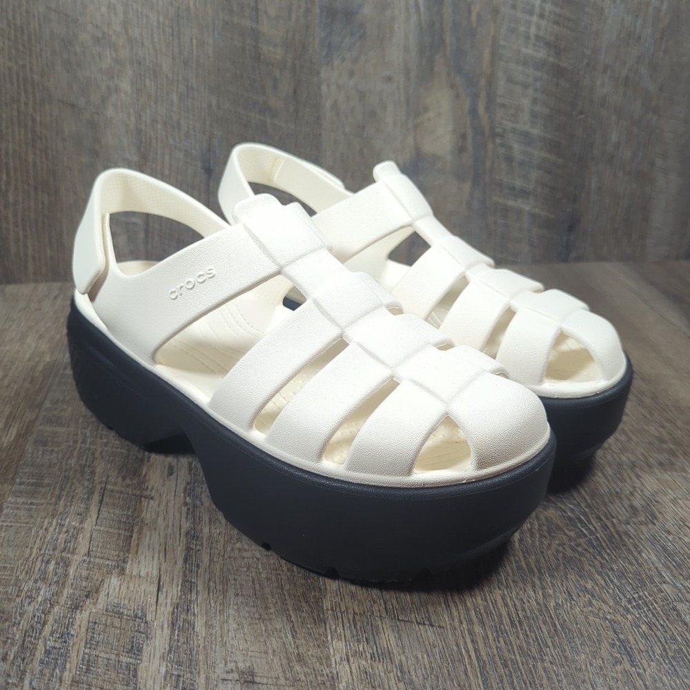 CROCS Platform Fisherman Sandals in White and Black